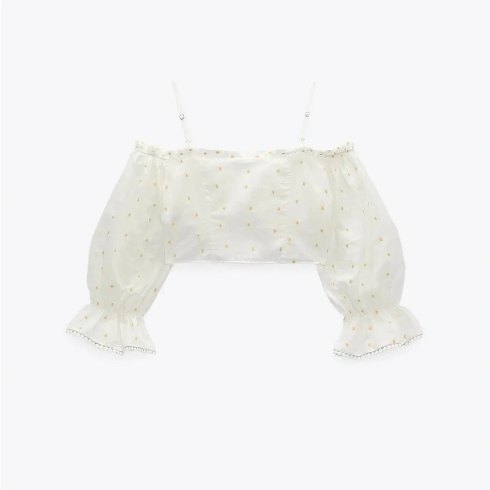 ZARA NWT White Off Shoulder Puff Sleeve Crop Top Blouse XS Ecru Polka Dot